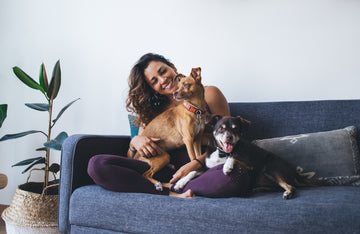 Hispanic woman sitting on couch with her two dogs 