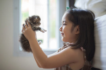 Little girl holding up kitten
