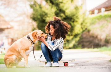 Young Black girl sitting on skateboard while petting her yellow labrador retriever 