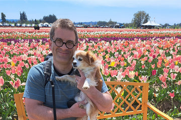 Man holding a small dog in front of a field of tulips